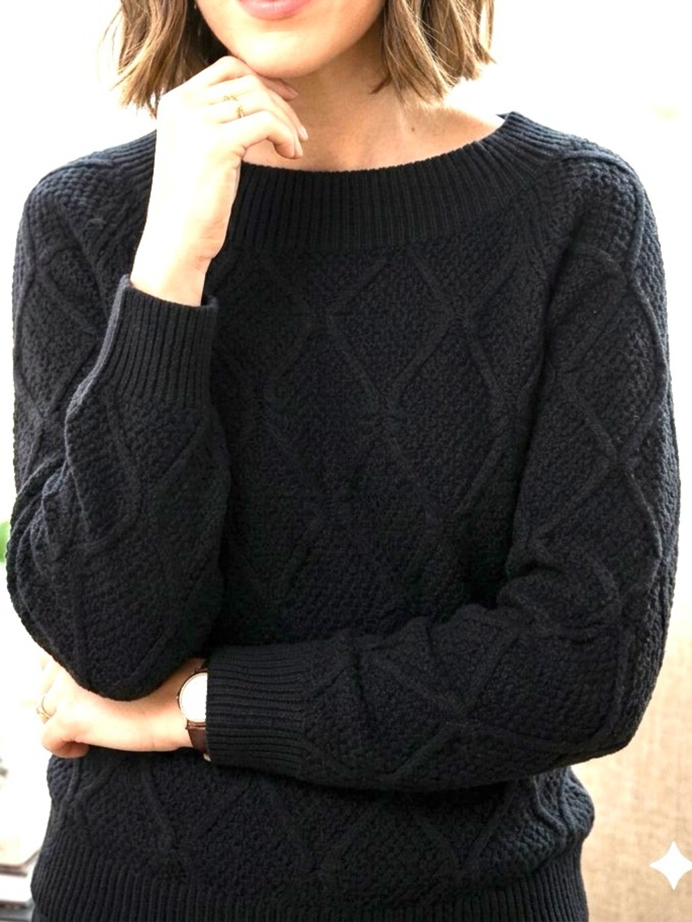 Black Diamond Cable Knit Boat Neck Sweater Cozy XL